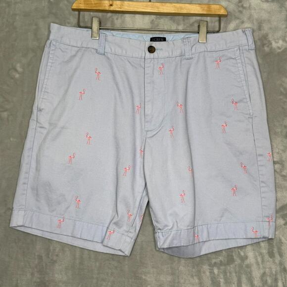 J. Crew Gramercy Shorts Mens 36 Light Blue Pink Flamingos Chino Pockets Beach - Picture 1 of 8